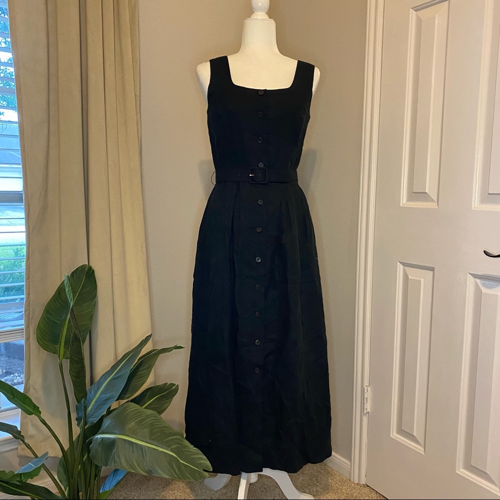 90s vintage belted button linen sleeveless dress